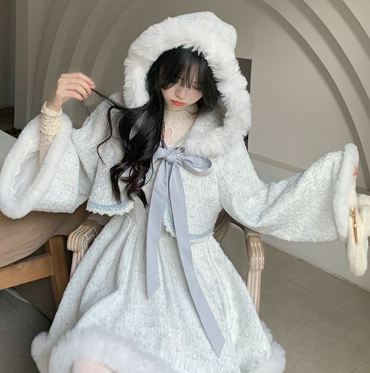 Blue Angel Winter Plush Strap White Dress & Little Hooded Fur Jacket Cape Two Piece Set Blue Angel Winter Plush Strap White Dress & Little Hooded Fur Jacket Cape Two Piece Set