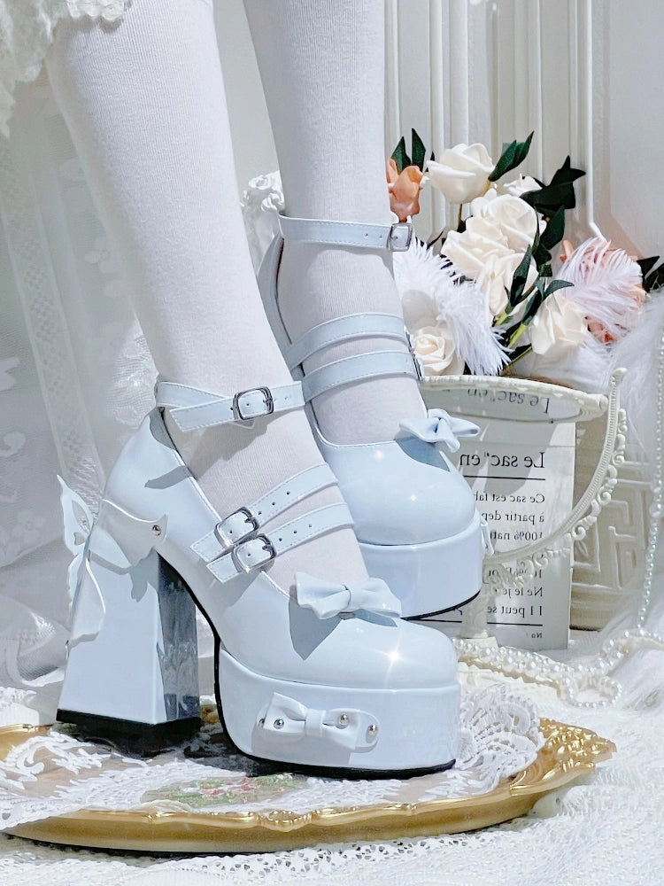 Moe Heart Butterfly Bow Buckle Strap Black White Pink Hot Pink Lolita Platform High Heels Shoes - Sugarplum Store