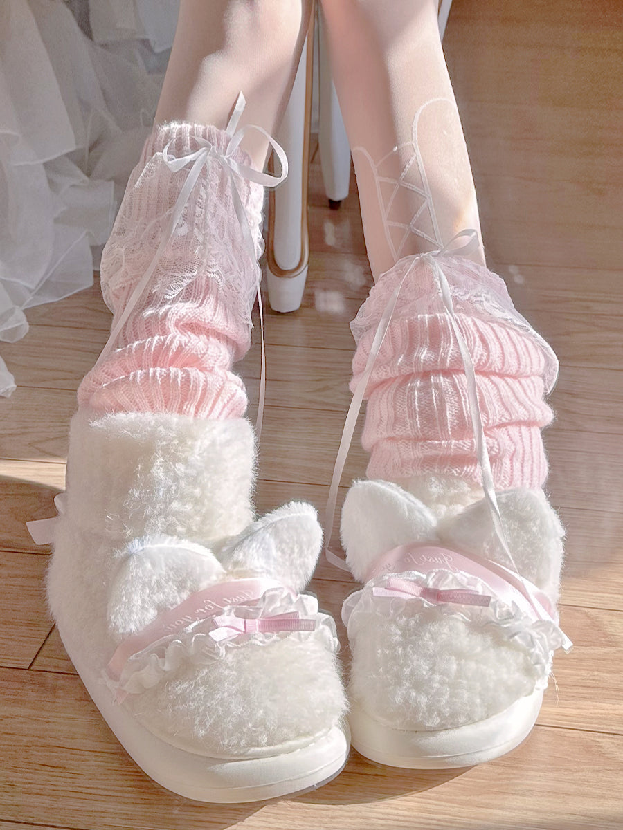 Pinky Cute Winter Plush Pink Bow Cat Ears Lace White Snow Boots