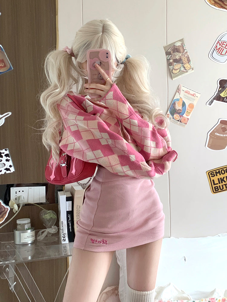 Serendipity Autumn Pink Argyle Jacket & Cream Halter Neck Top & Mini Skirt Three Piece Set - Sugarplum Store