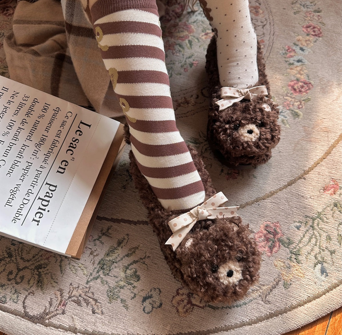 Puffy Sheep Curly Bear White Cream Brown Fuzzy Winter Slippers - Sugarplum Store