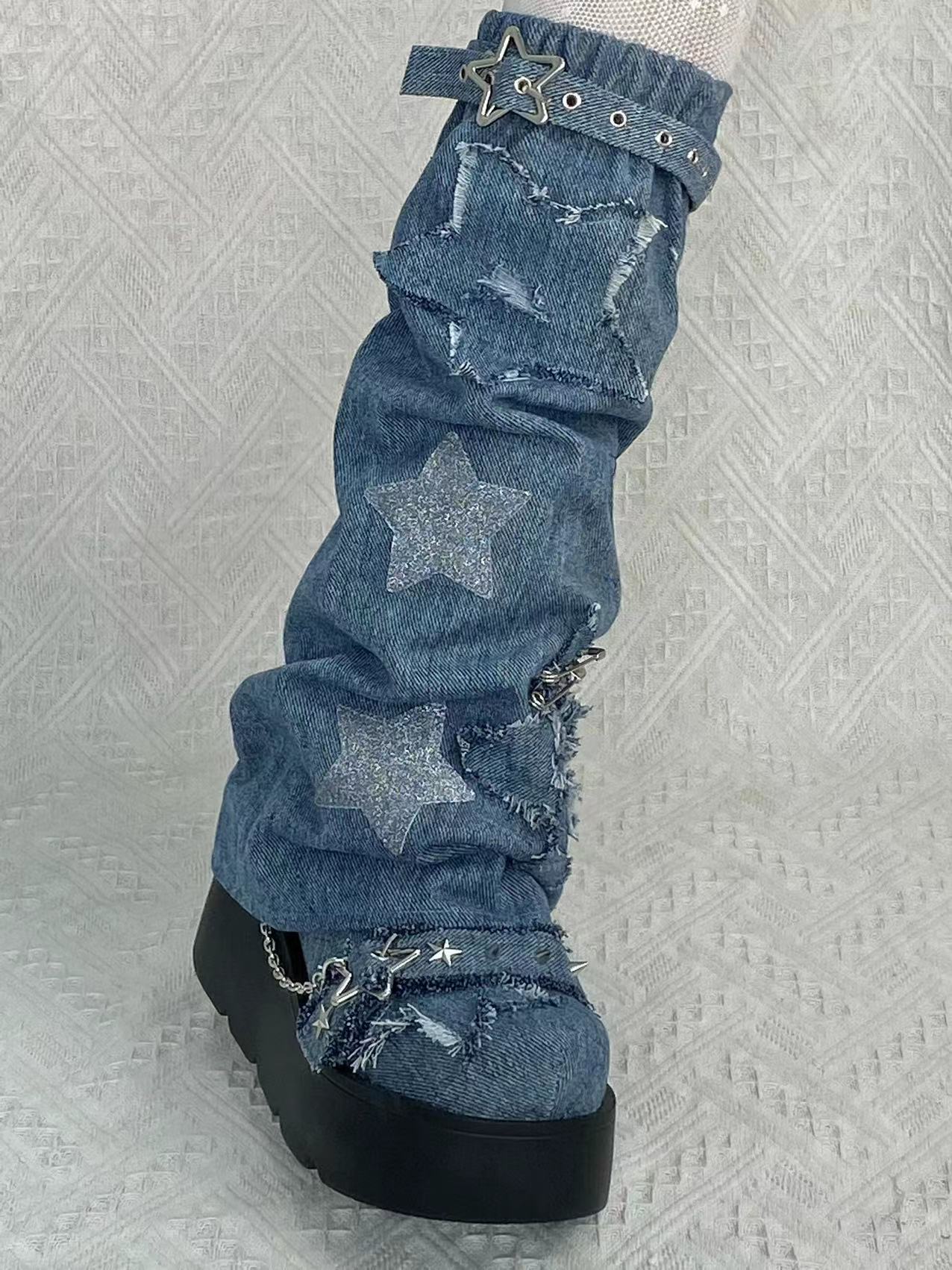 Pocket Cat Y2K Star Mark Chain EGL Canvas Strap Platform Shoes Boots - Sugarplum Store