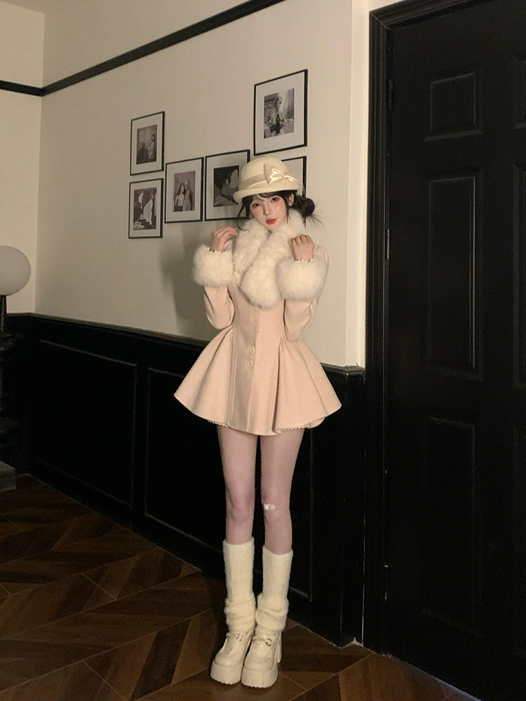 Creamy Cute Swan Love Pink Lady Fur Collar Overcoat - Sugarplum Store