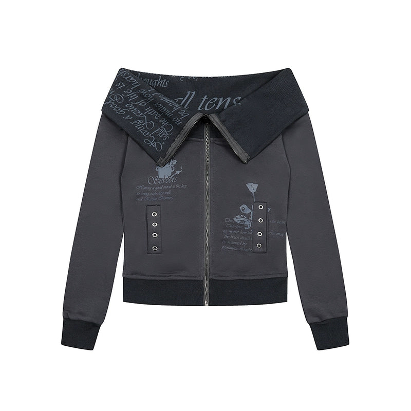 Dark gray hoodie with text and graphics on a white background