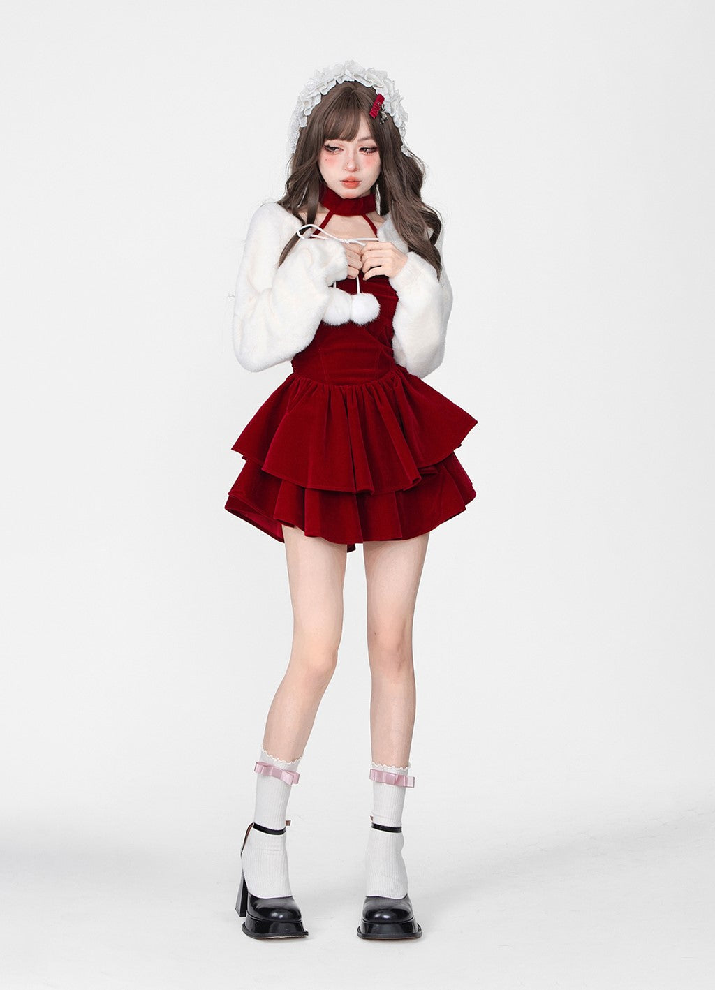 Young Eyes Winter Elf Princess Red Velvet Halter Neck Dress & Little White Jacket Two Piece Set - Sugarplum Store