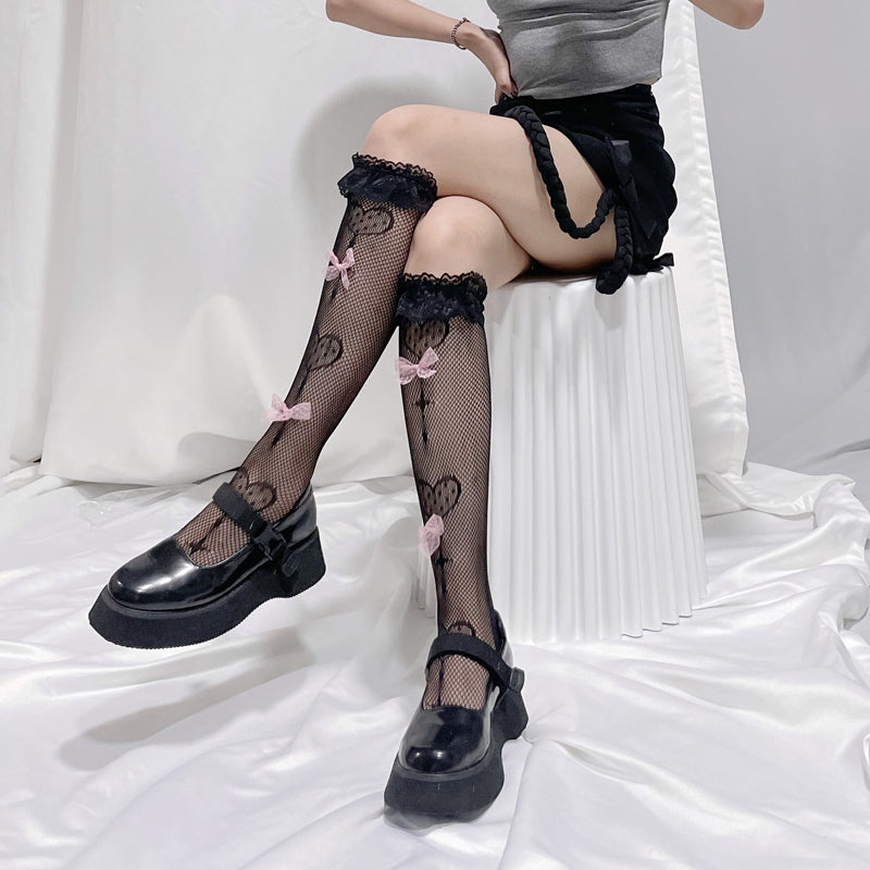Sweet Heart Cross Pink Ribbon Fishnet White Knee Socks - Sugarplum Store