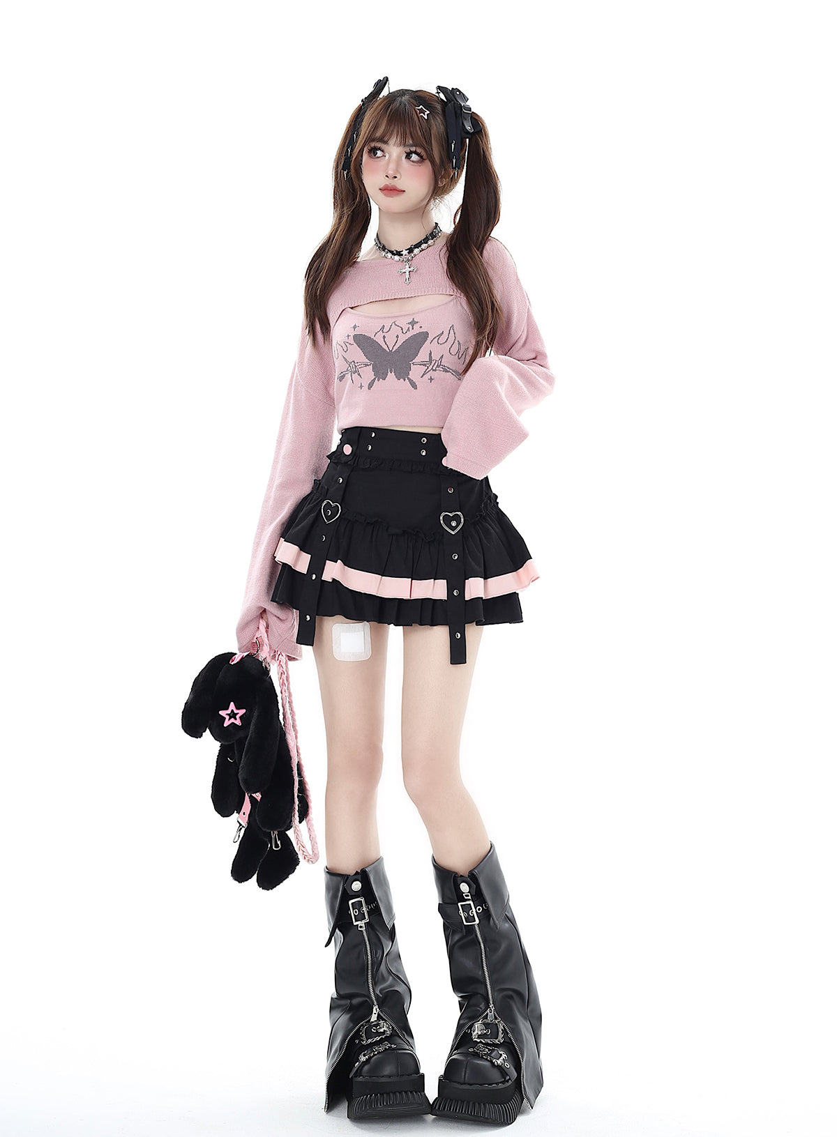 Crazy Girl Taotao Oolong Heart Black Pink Ruffle Short Skirt - Sugarplum Store