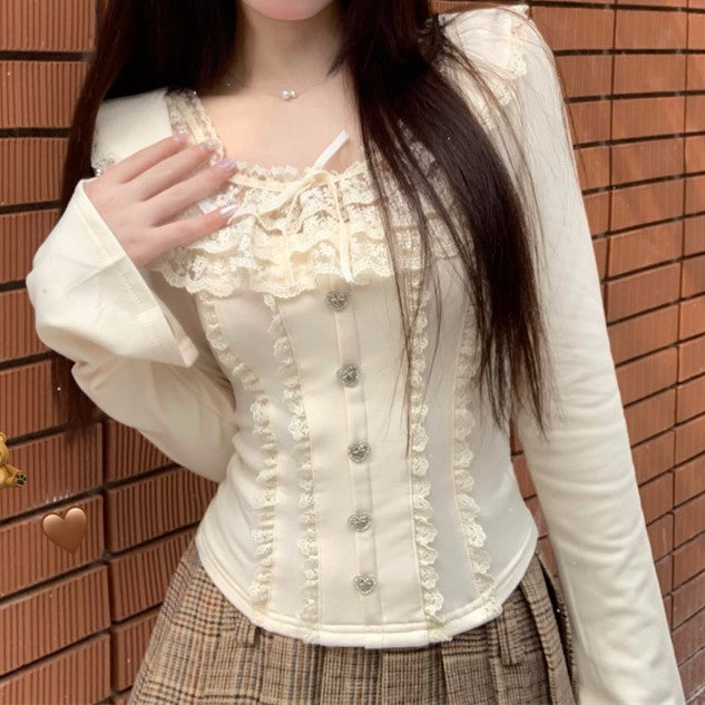 Young Eyes Coquette Square Collar Lace Black Gray White Shirt Top - Sugarplum Store