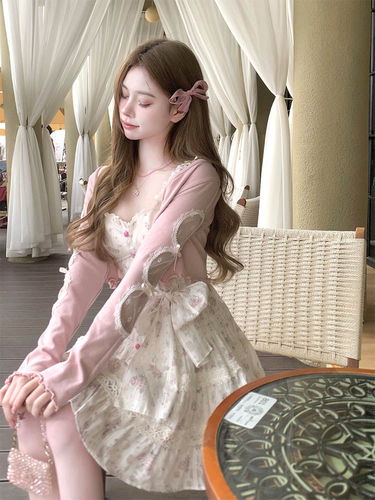pink dress with white cardigan Simple Chic Pink Strap Dress with Cardigan Summer Casual Beach Outfits