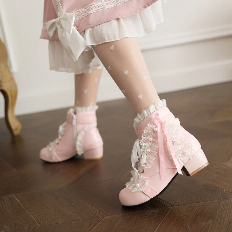 Princess Ribbon Lace Pink Black White Winter Zip Up Little High Heels Boots - Sugarplum Store