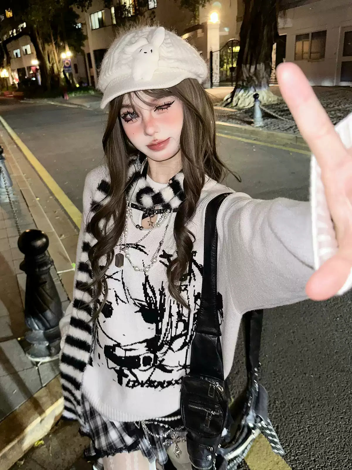 Young Eyes Anime Stimulation White Black Sweater Striped Scarf - Sugarplum Store