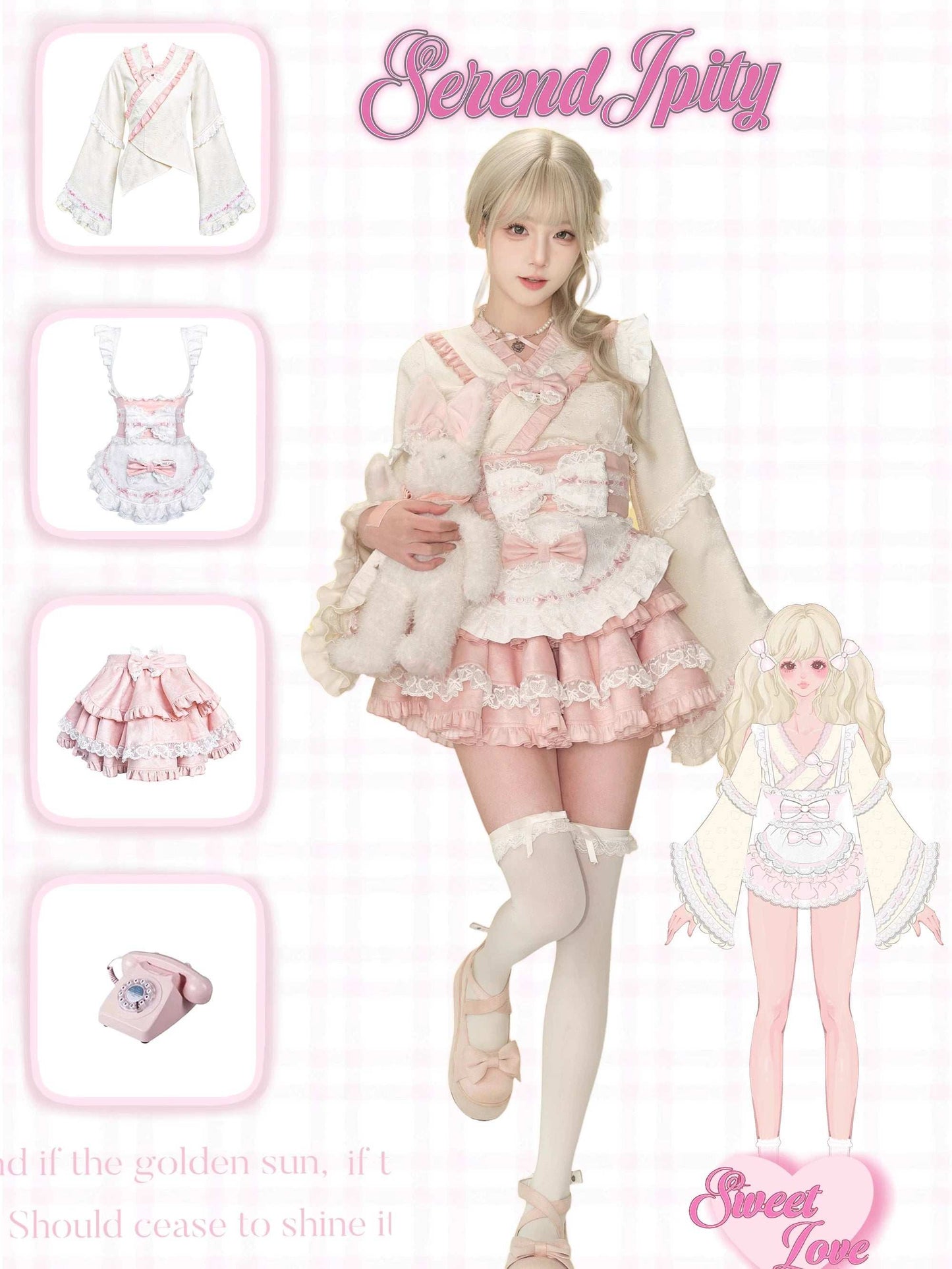 Serendipity Little Spring Pink Kimono Top & Apron & Skirt Three Piece Set