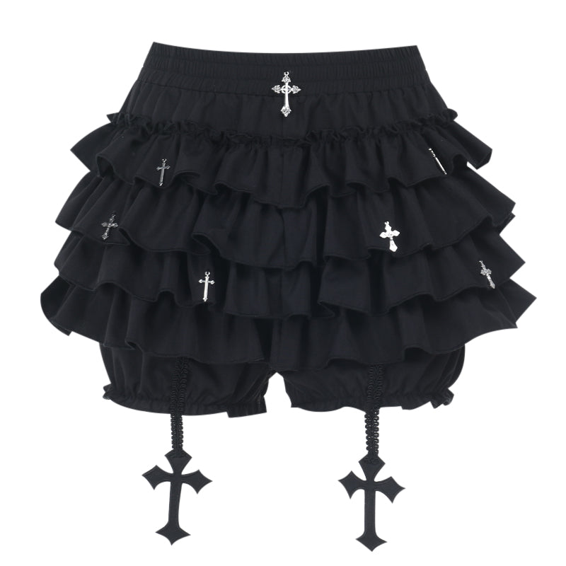 Black ruffled skirt with cross designs on a white background