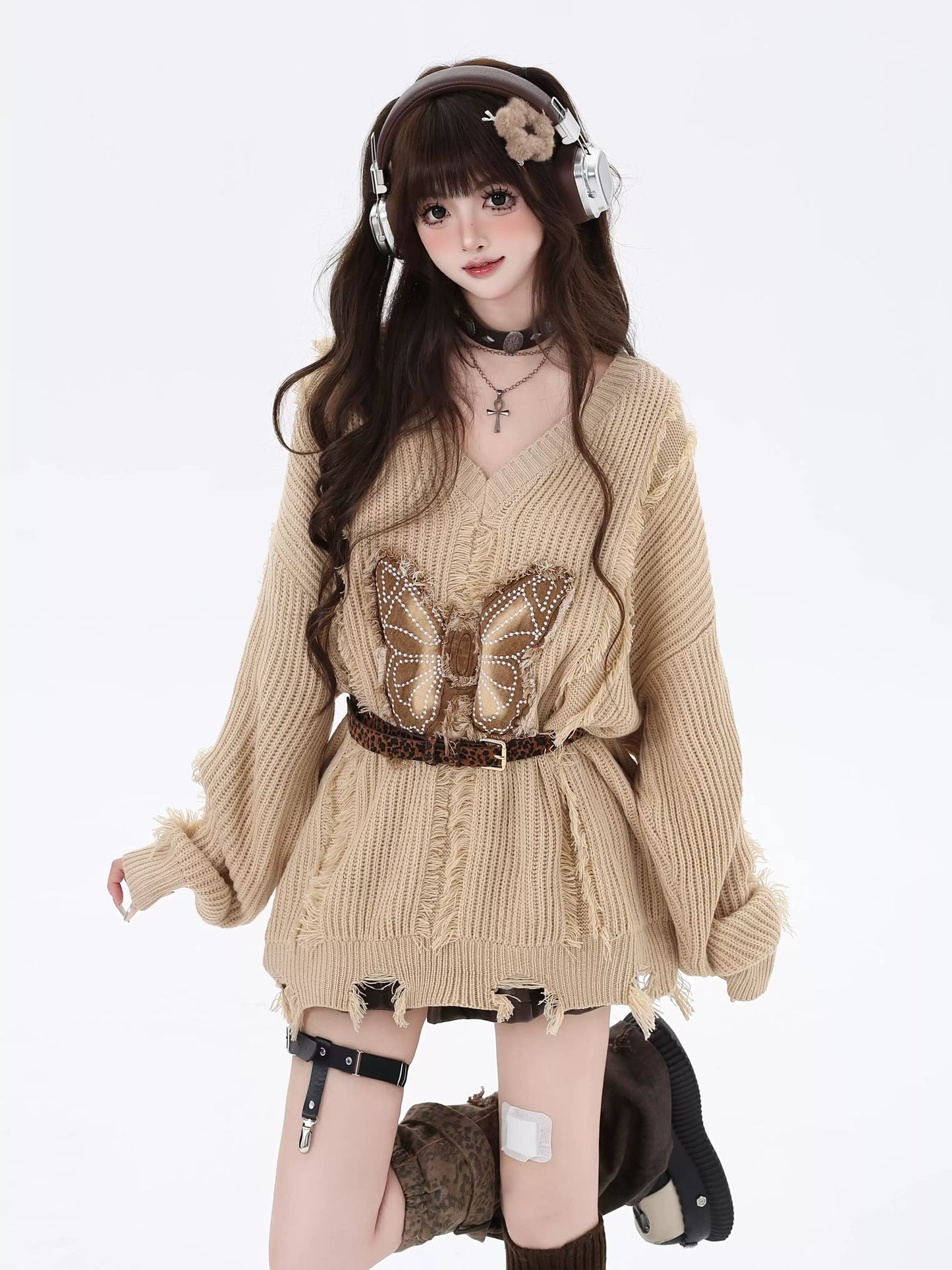 Crazy Girl Butterfly Cozy Brown Beige Knit Sweater - Sugarplum Store