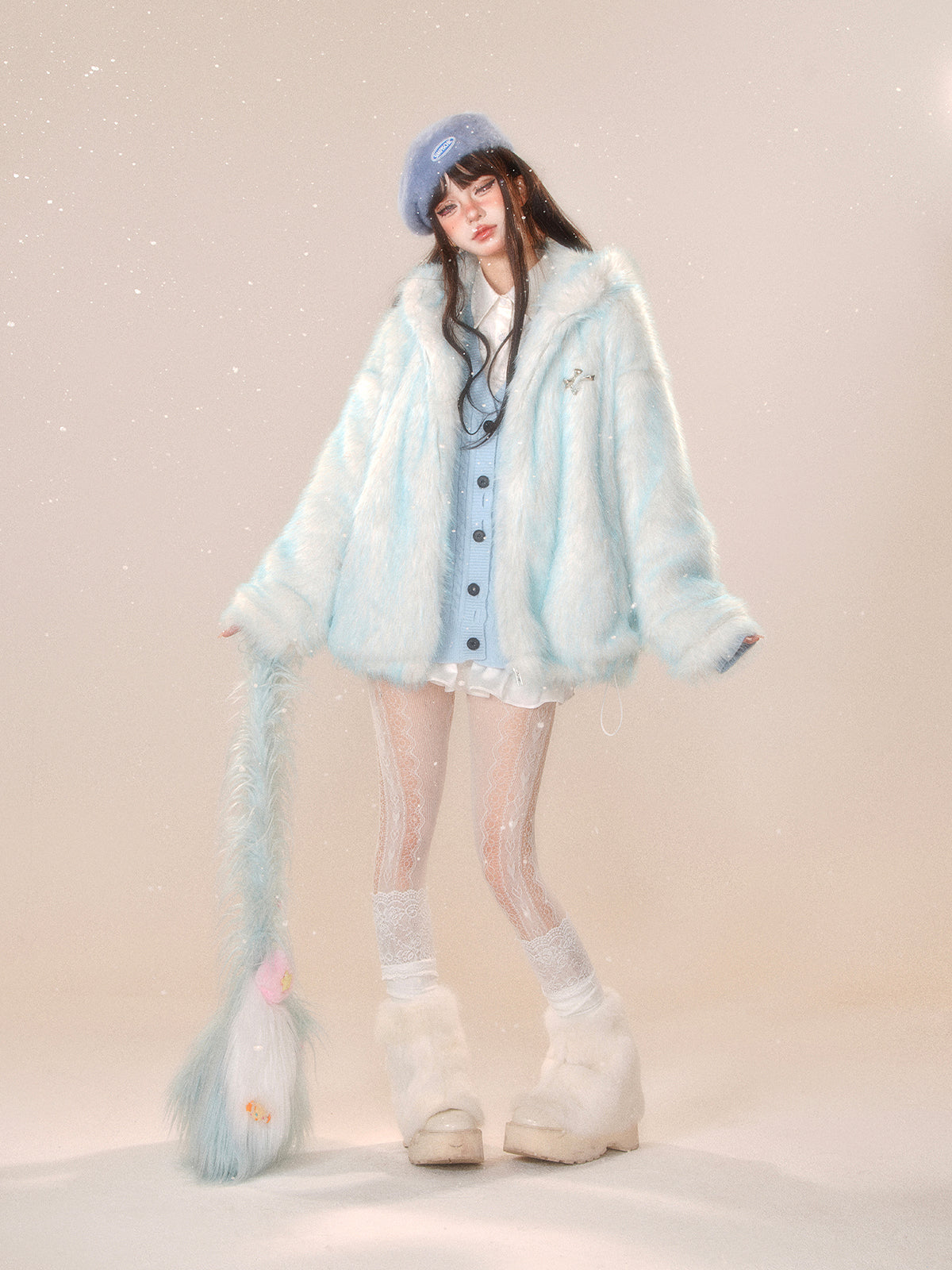 Young Eyes Snowy Night Soft Blue Fur Rabbit Ears Jacket - Sugarplum Store
