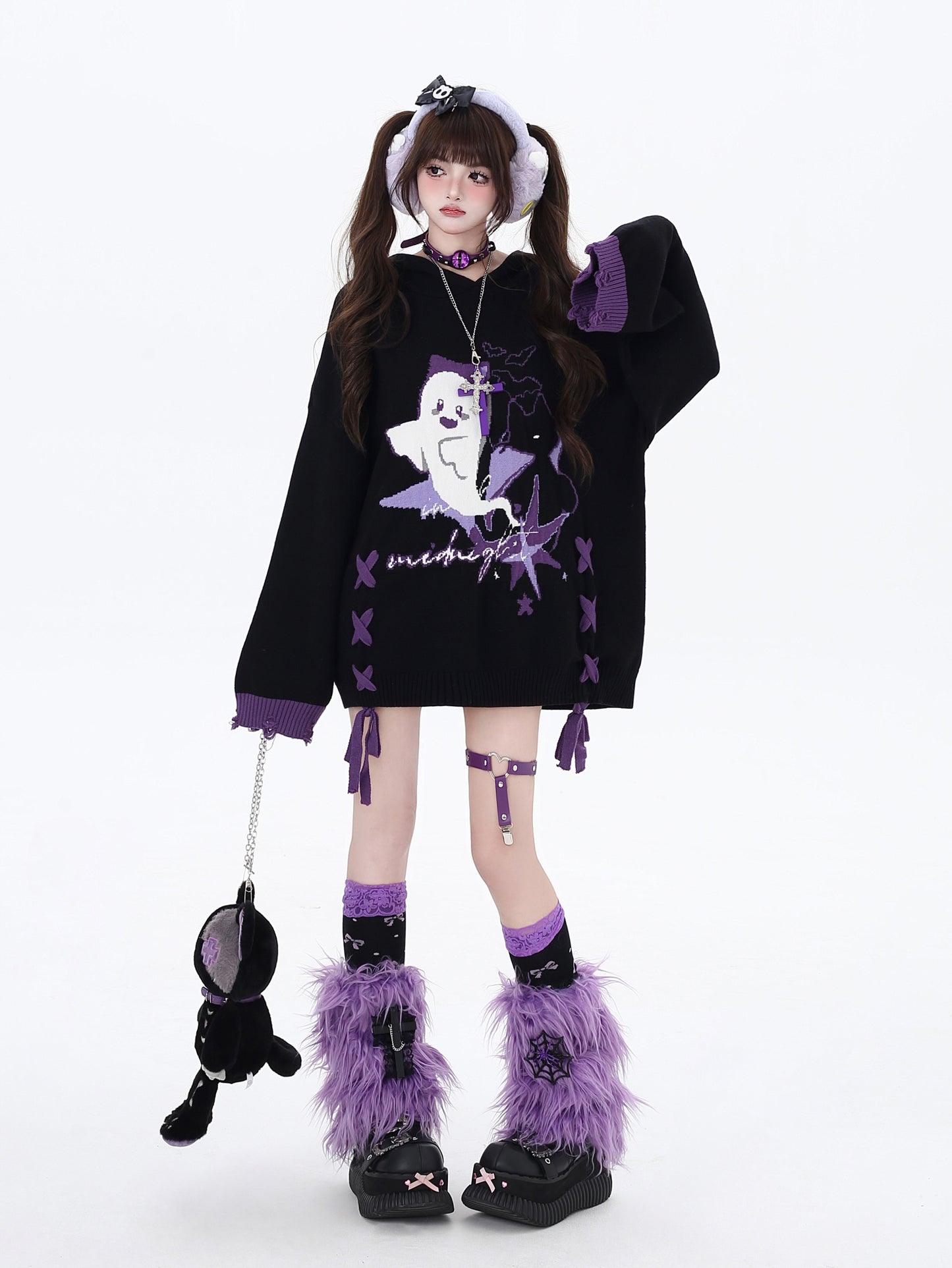 Crazy Girl Halloween Little Ghost Purple Black Knit Sweater - Sugarplum Store