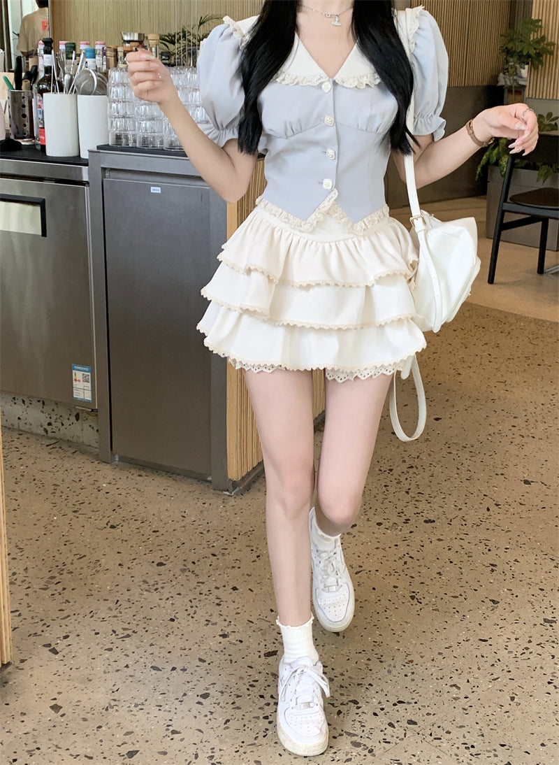 Lazy Girl Coquette Blue Puff Sleeve Shirt Blouse & Ruffled White Mini Skirt Two Piece Set - Sugarplum Store