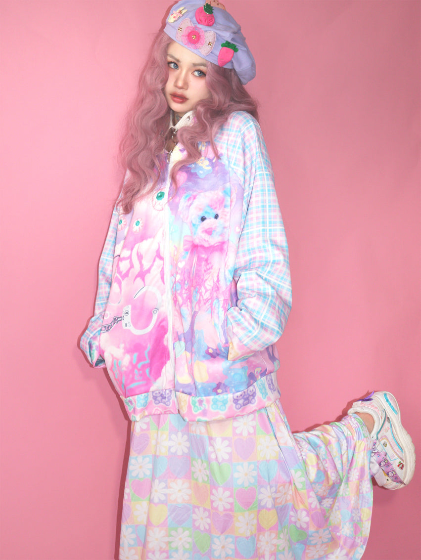 Y2K Bear Rainbow Retro Style Cute Baseball Zipper Jacket - Sugarplum Store