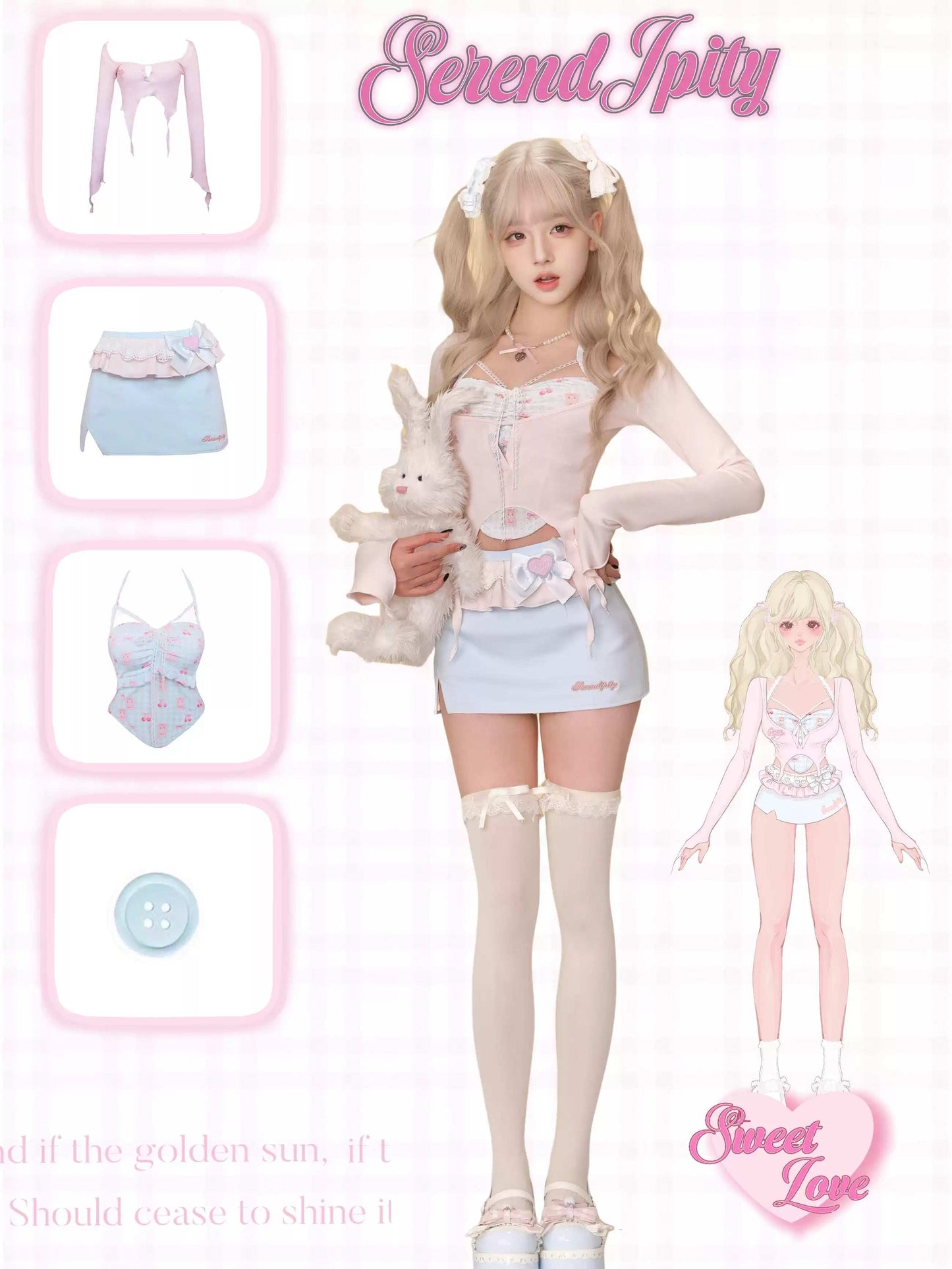 Serendipity Dessert Series Candy Doll Blue Cami & Skirt & Pink Cardigan Three Piece Set
