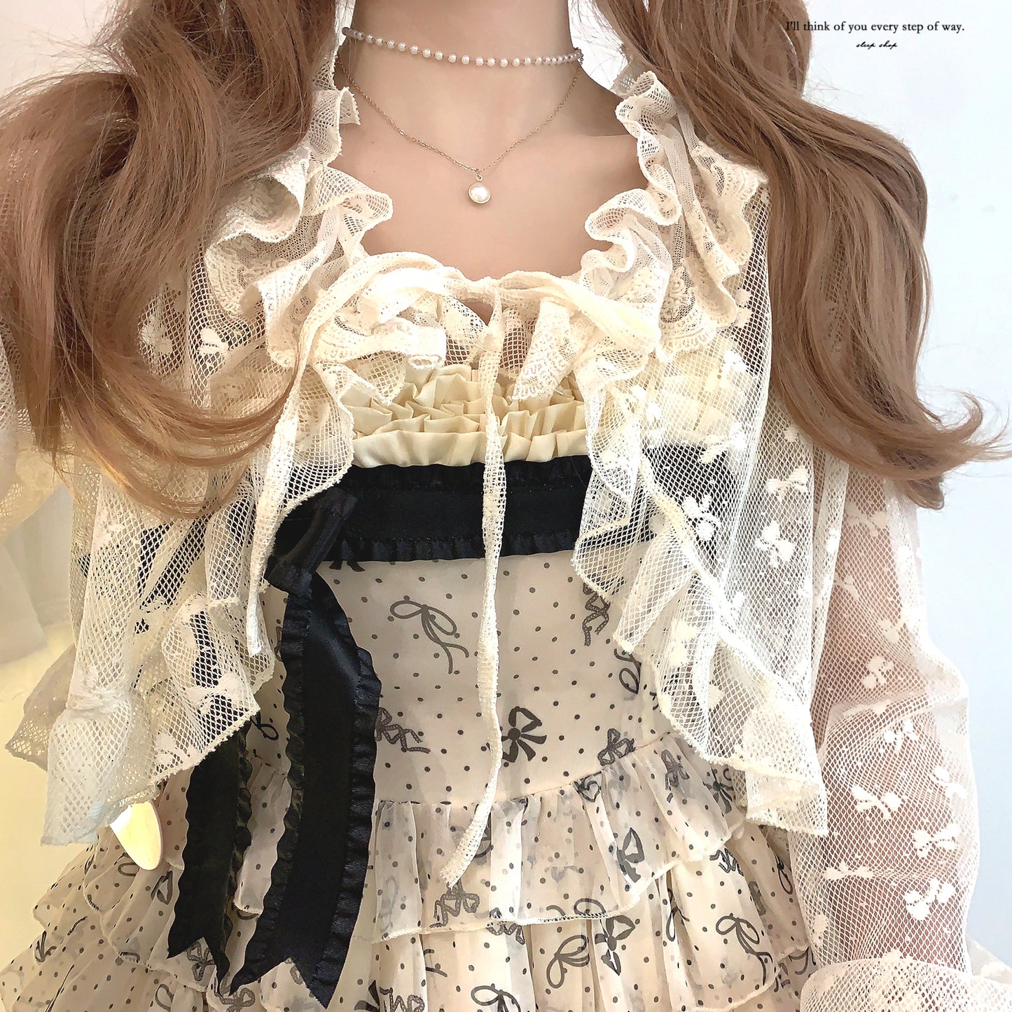 Dormir Doll Sweet Bow Mesh Sheer White Pink Cream Cardigan - Sugarplum Store