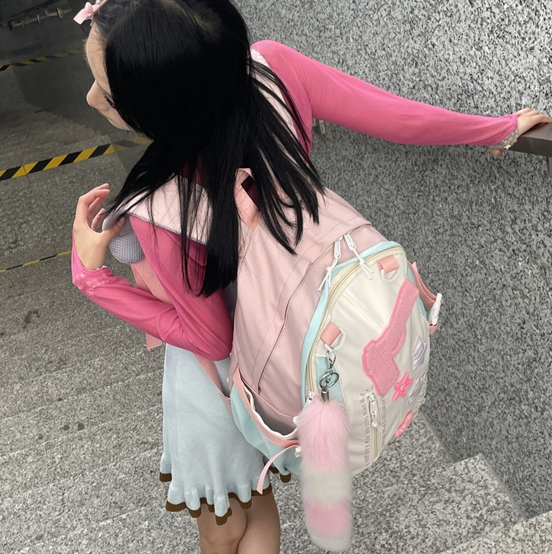 Y2K Pink Pistol Foxtail Large Capacity Student Backpack Bag - Sugarplum Store