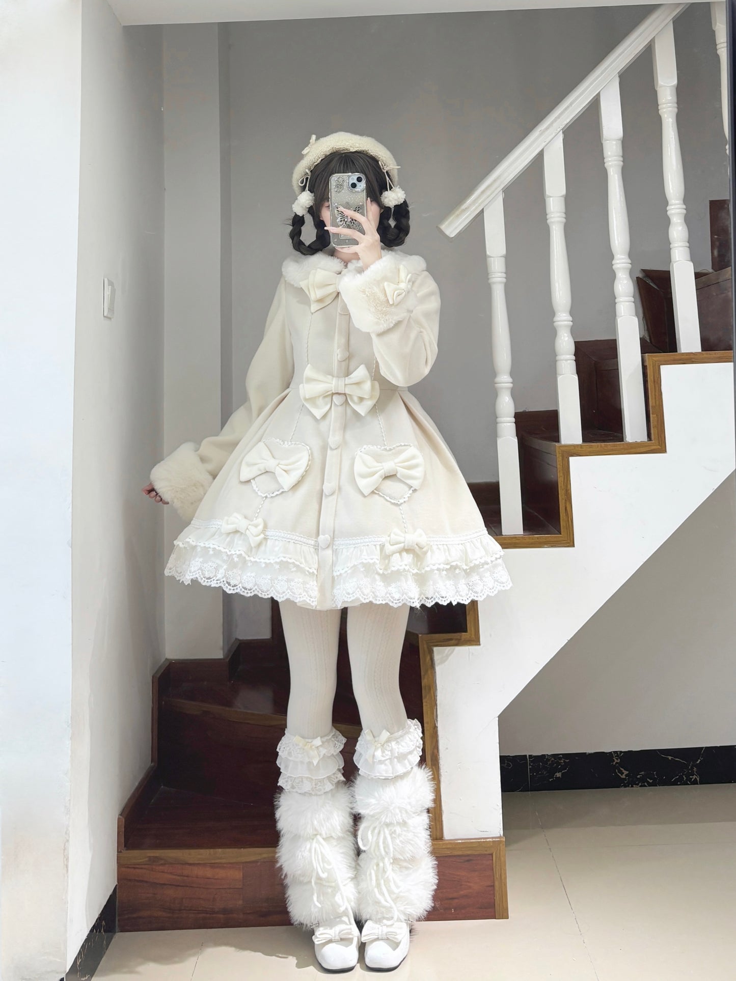 Meow Fruit Thousands Bows Pink Mint Green White Winter Overcoat Cape Set - Sugarplum Store