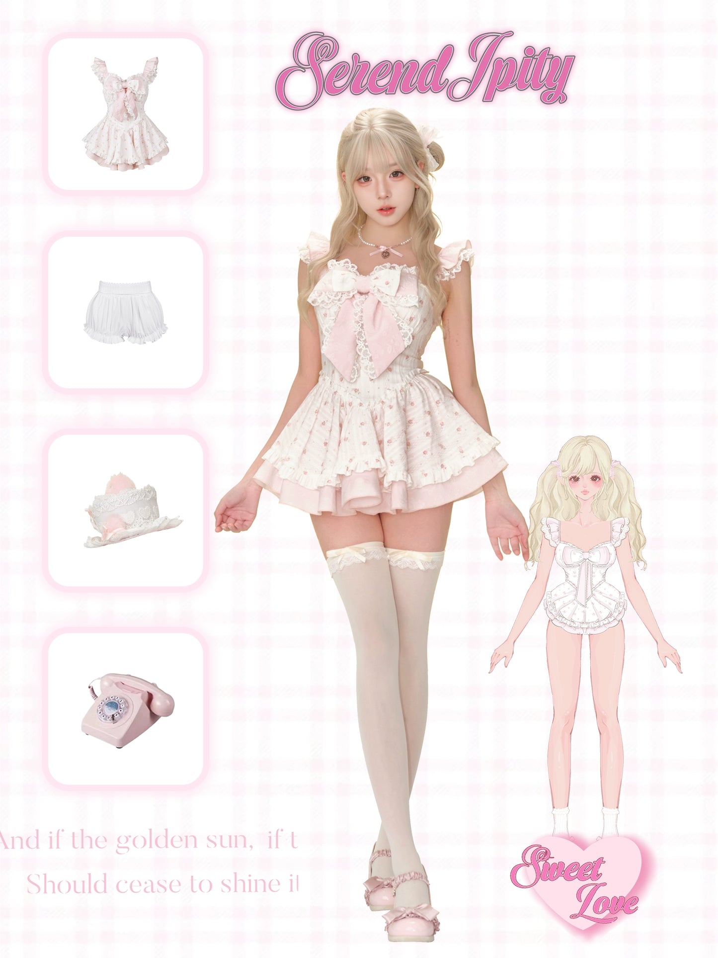 Lolita fashion set with a model wearing a pink dress, accessories, and a doll.