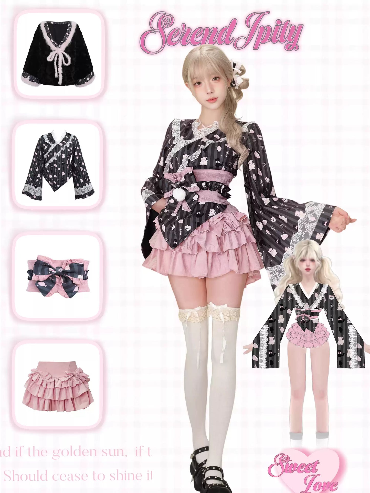 Serendipity Fireworks Song Kimono Black Top & Jacket & Pink Skirt Three Piece Set - Sugarplum Store