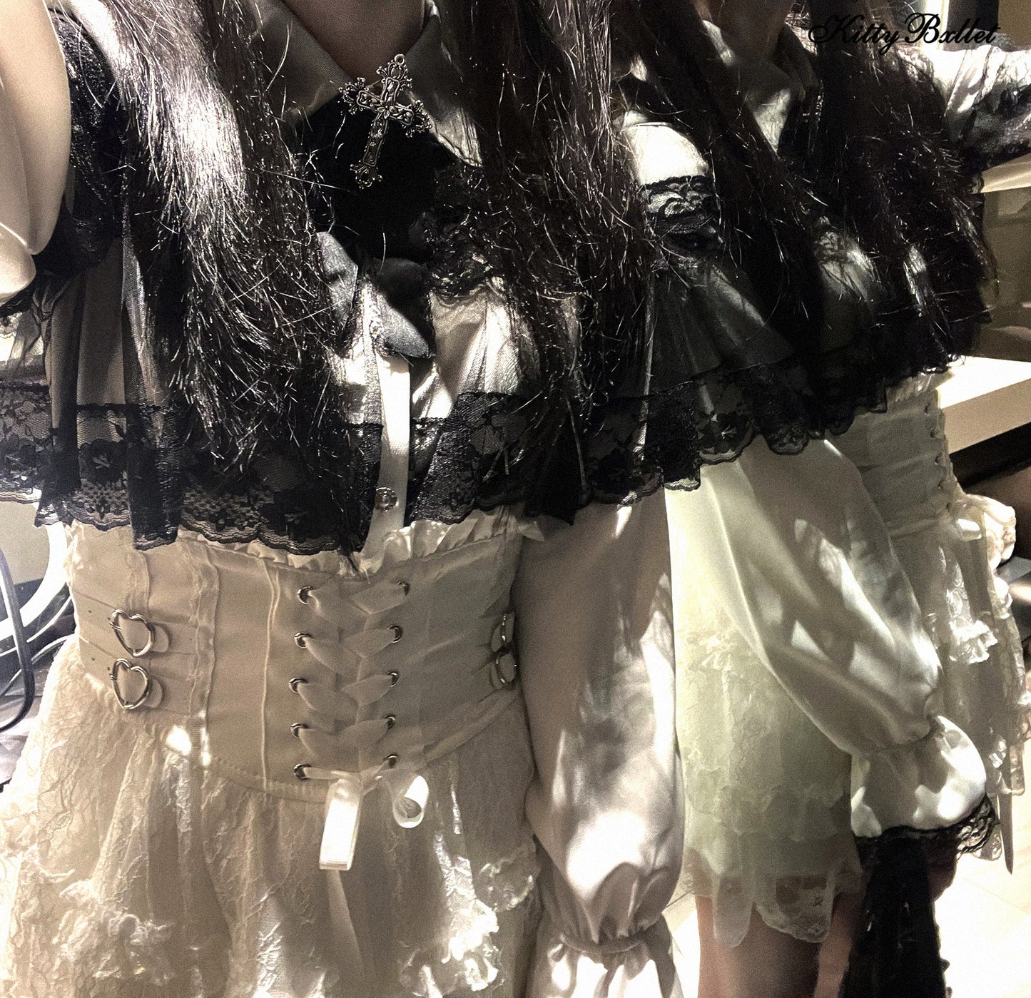 Kitten Bullet Mist Veil Black White Blouse Top - Sugarplum Store