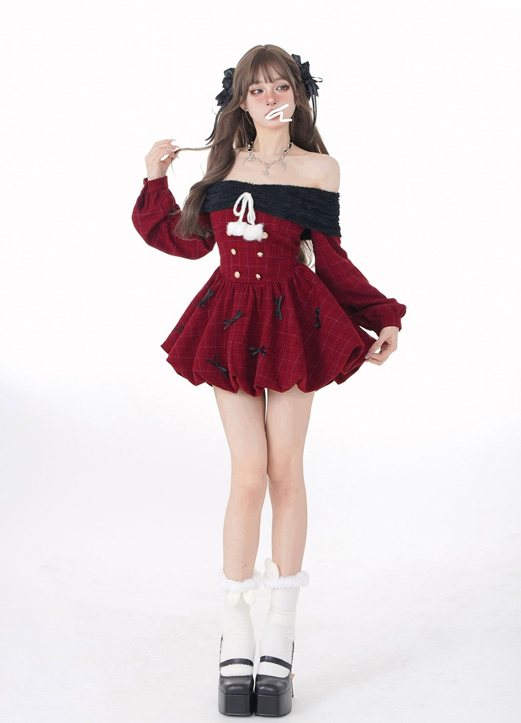 Young Eyes Winter Paris Holiday Red Wine Burgundy Off Shoulder Dress - Sugarplum Store