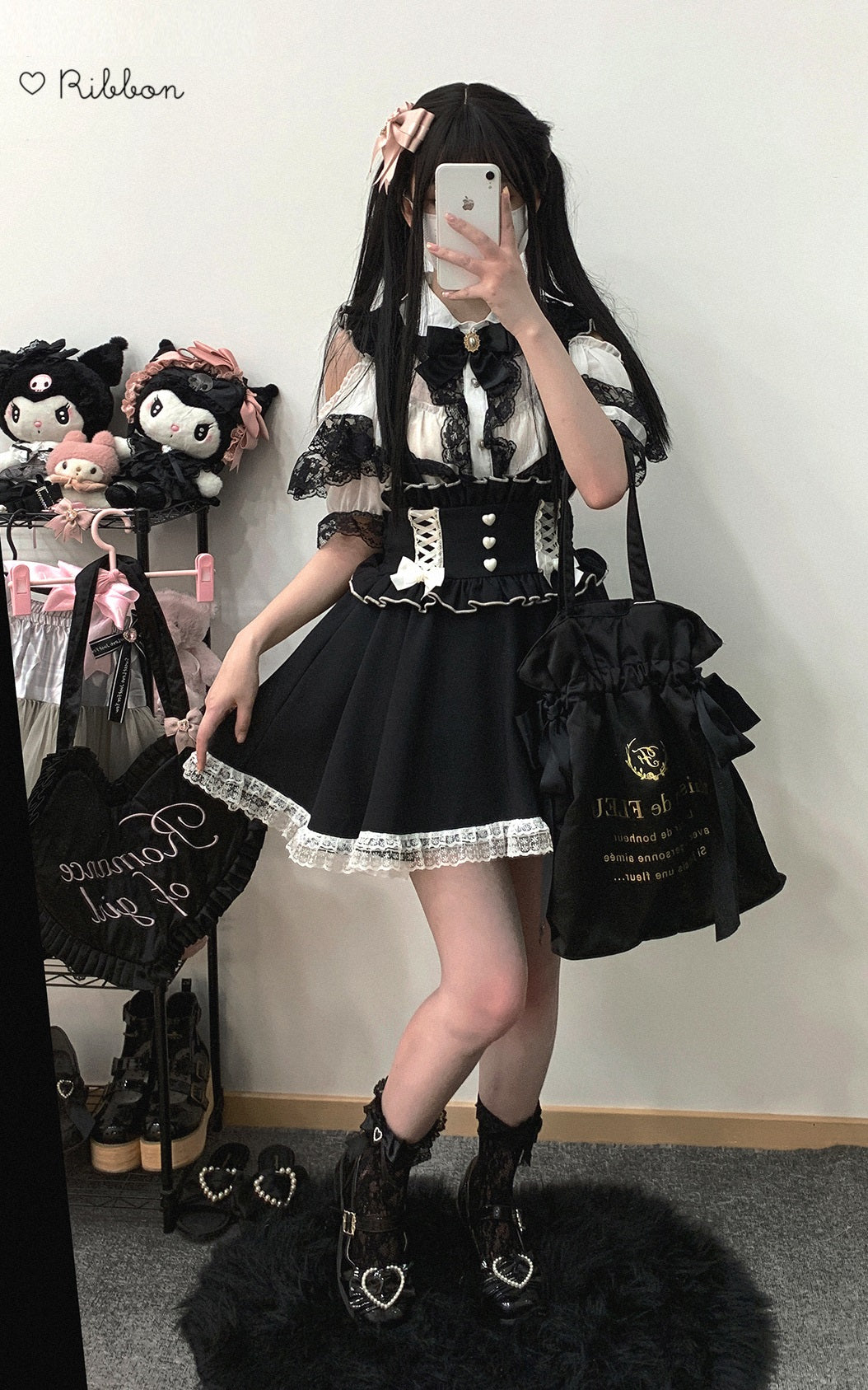 Kitten Bullet Jirai Kei Doll Mode Lace Pink Black Blue Suspender Skirt - Sugarplum Store