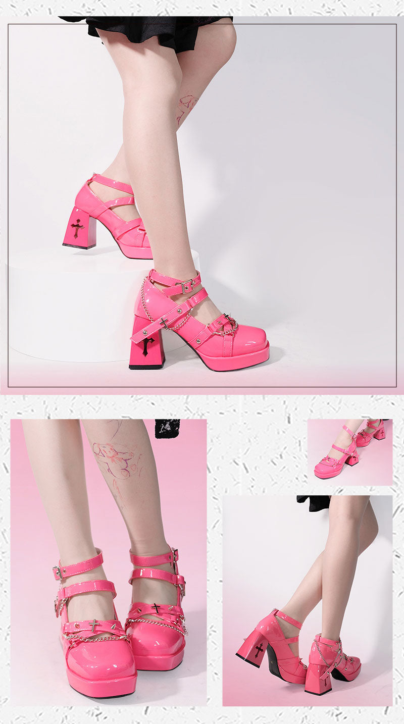 Walpurgis Night Cross Strap Egl Square Toe High Heels Platform Shoes - Sugarplum Store