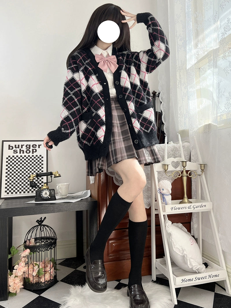 Blue White & Black Pink Diamond Argyle Pattern Cardigan - Sugarplum Store