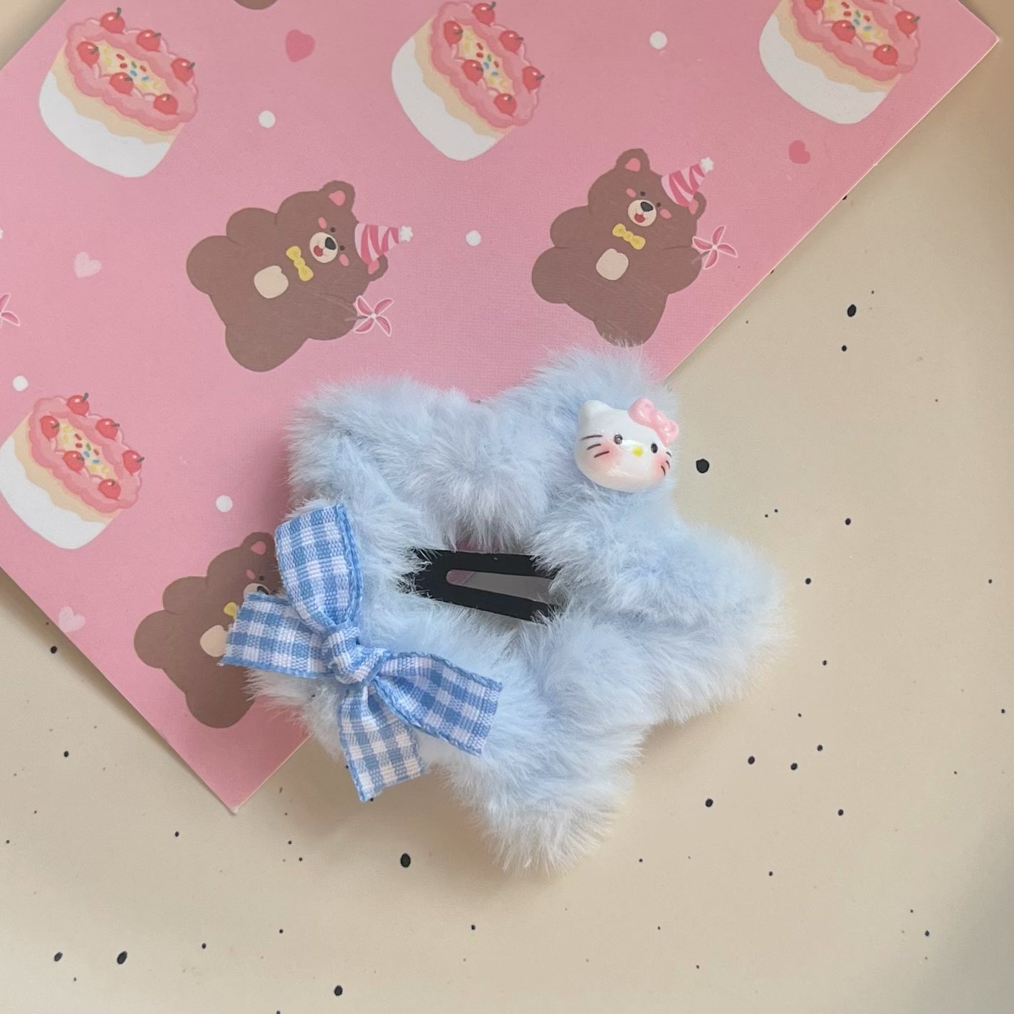 Y2K Star Plush Plaid Blue Pink Kitty Cat Hair Clip Hair Accessories - Sugarplum Store