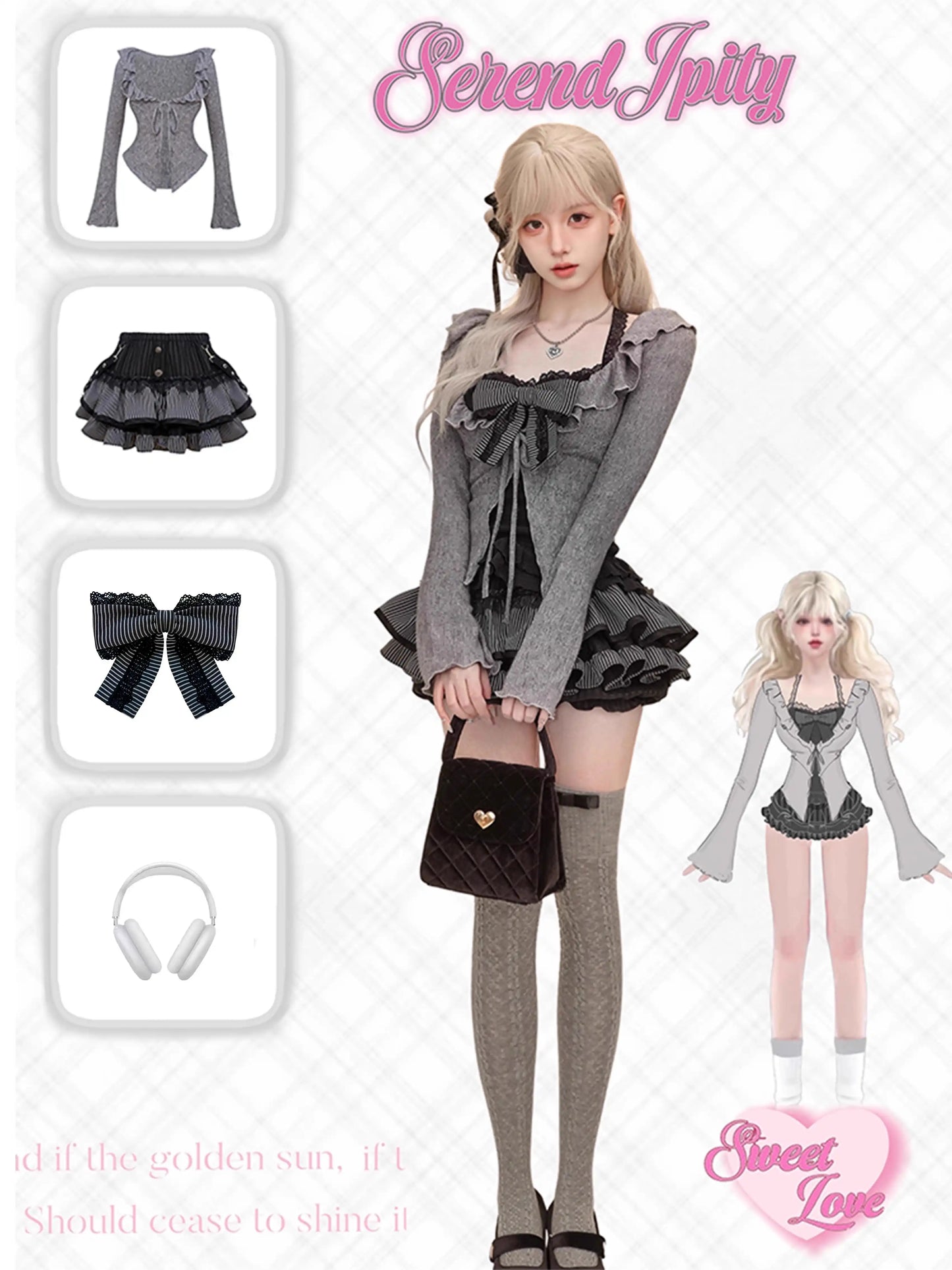 Serendipity Twilight Songbook Black Camisole & Skirt & Gray Cardigan Three Piece Set - Sugarplum Store