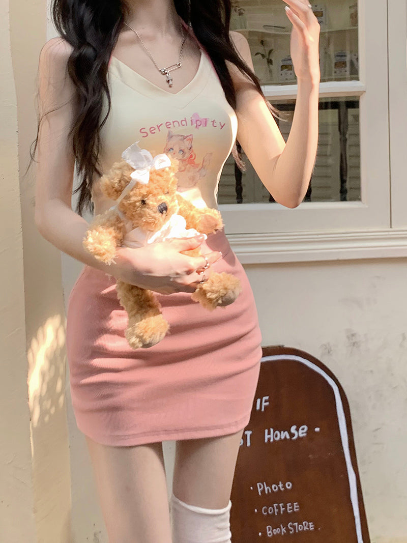 Serendipity Cat Cream Halter Neck Camisole Jacket Pink Mini Skirt Three Piece Set - Sugarplum Store