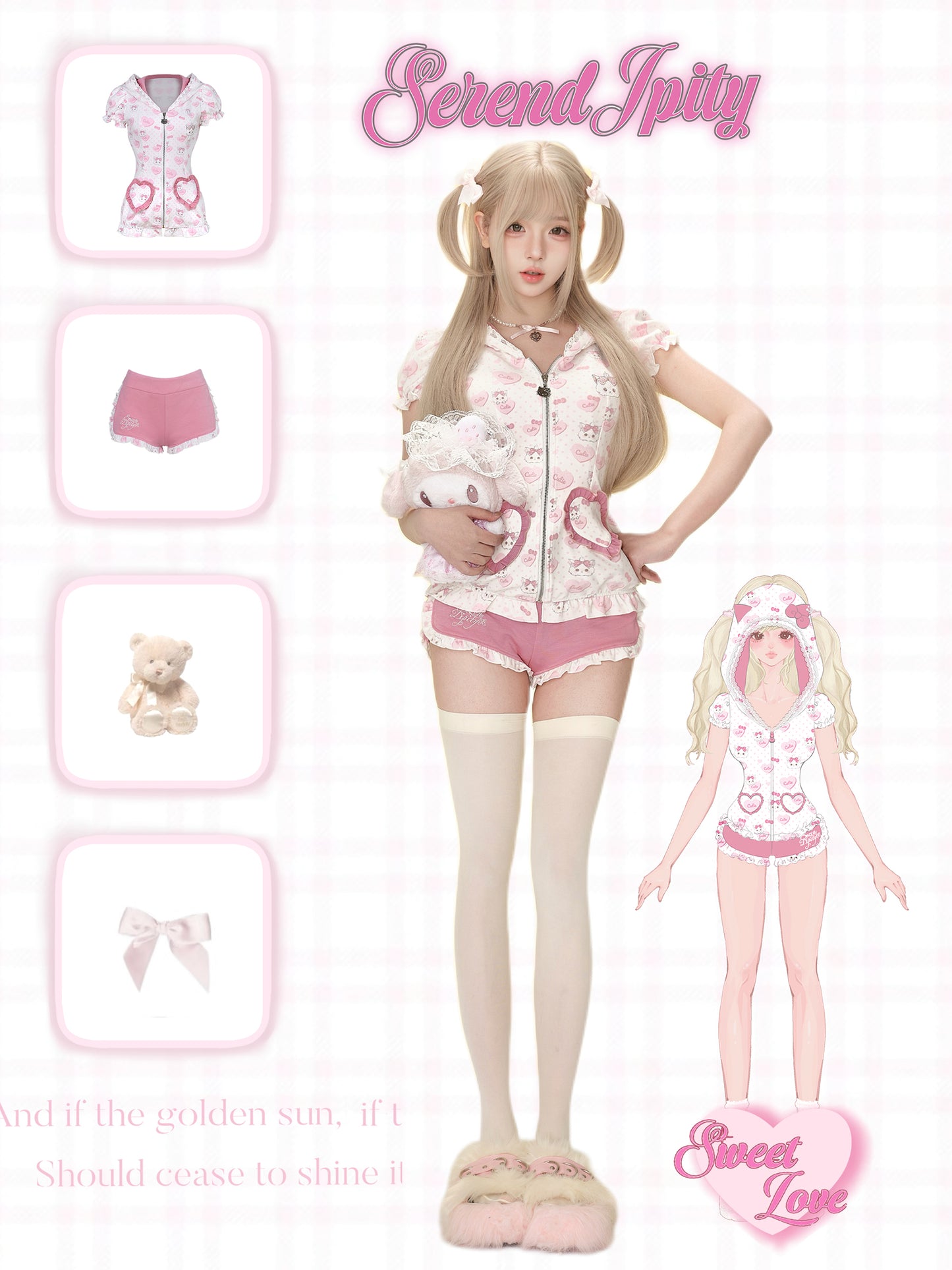 Serendipity Homey Cute Pink Cat Hoodie & Shorts Two Piece Set - Sugarplum Store