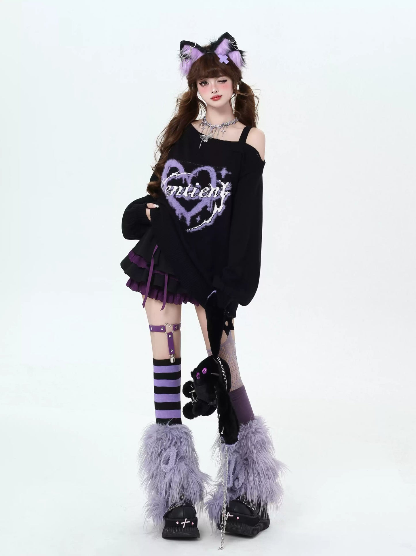 Crazy Girl Sentient Heart Black White Pink Blue Knit Off Shoulder Sweater - Sugarplum Store