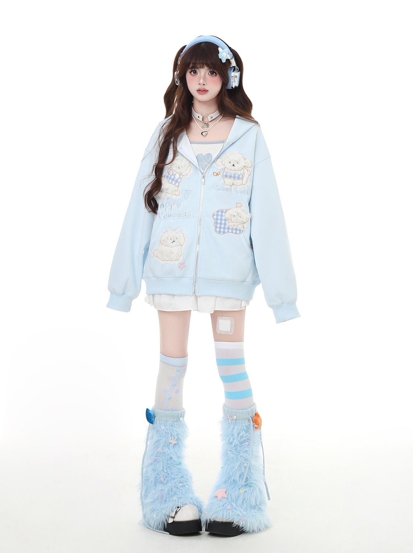 Crazy Girl Puppy Picnic Blue Black Hoodie Jacket - Sugarplum Store