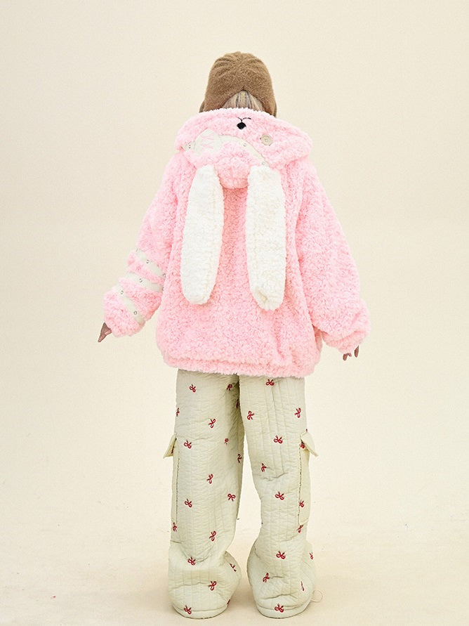 Crazy Girl Patchwork Brown Pink Rabbit Ears Jacket Hoodie - Sugarplum Store