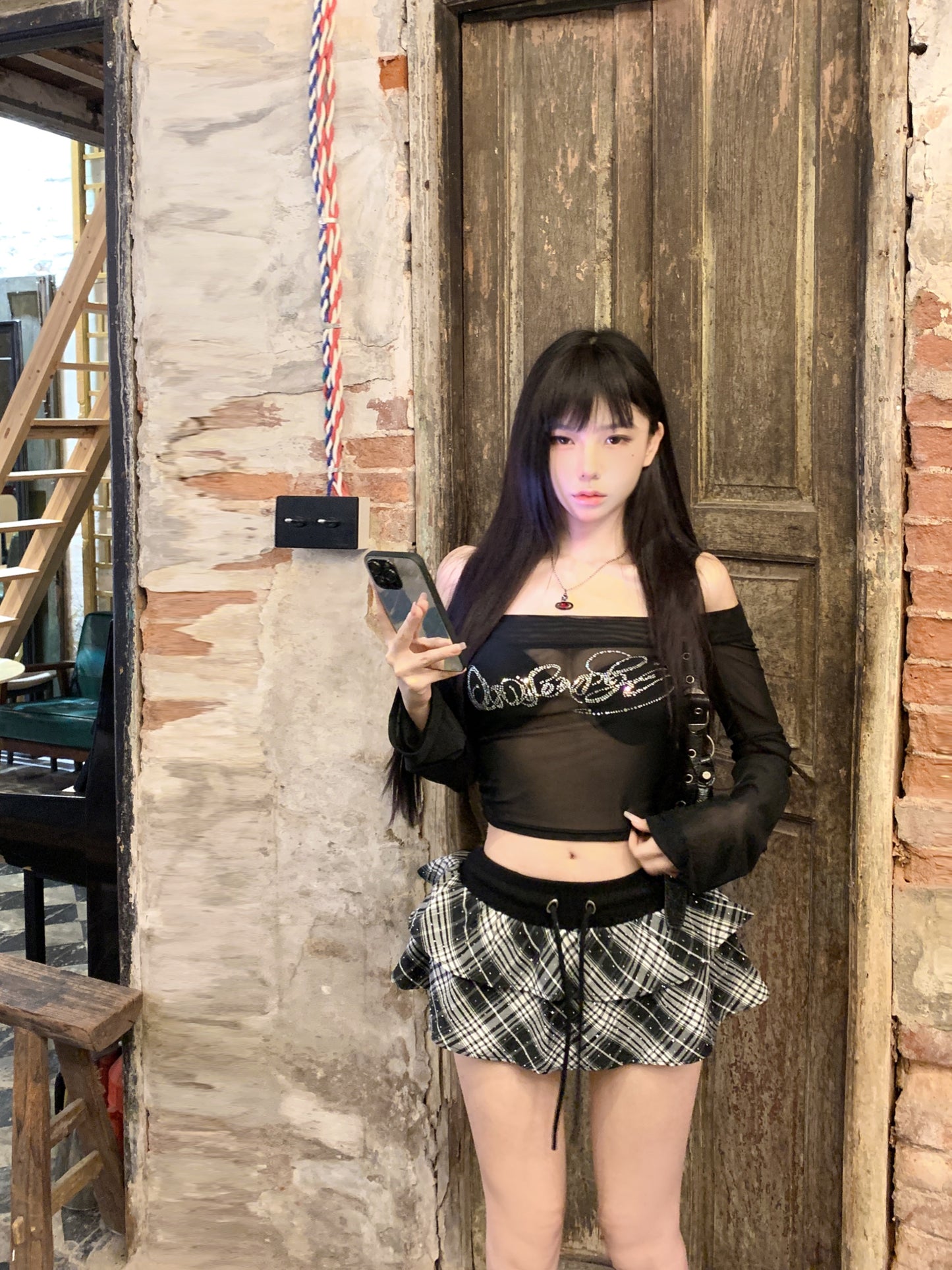 Monet Hot Girl Black Mesh Top & Plaid Skirt Two Piece Set - Sugarplum Store