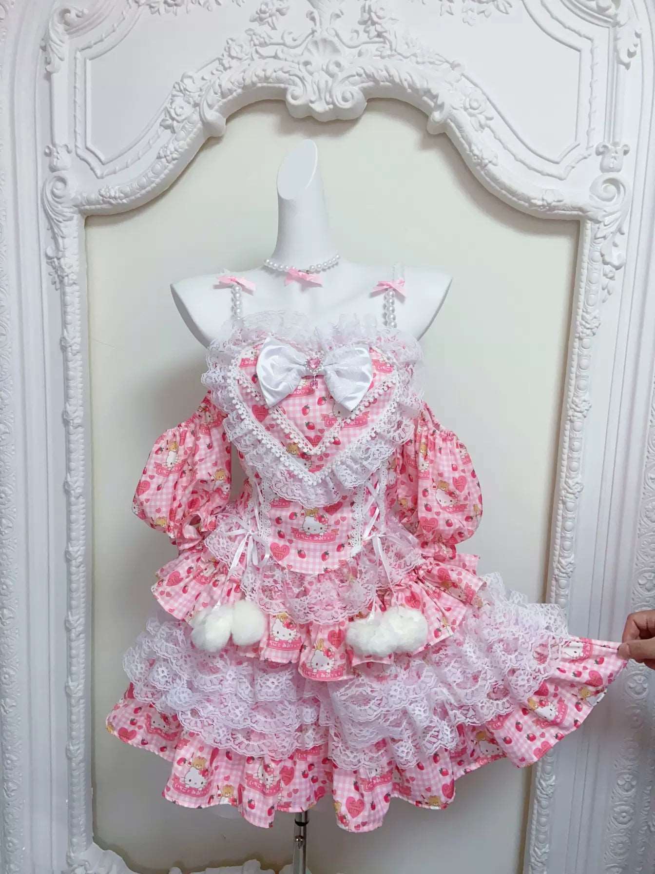 Candy Fairy Strawberry Kitty Pink Plaid Ruffled Princess Dress