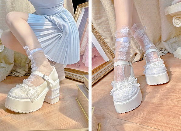 Pinky Black & White Thick Soles Lace Mary Jane Shoes - Sugarplum Store