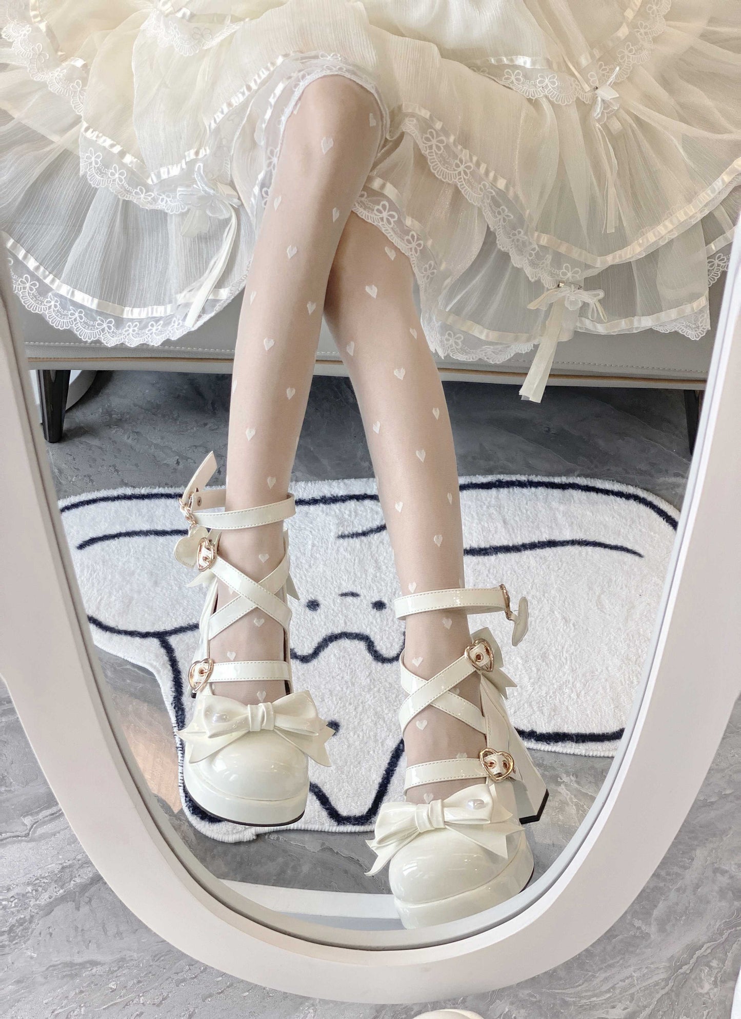 Love Song Love Track Lolita Black White Pink Red Bow Mary Jane High Heels Shoes - Sugarplum Store