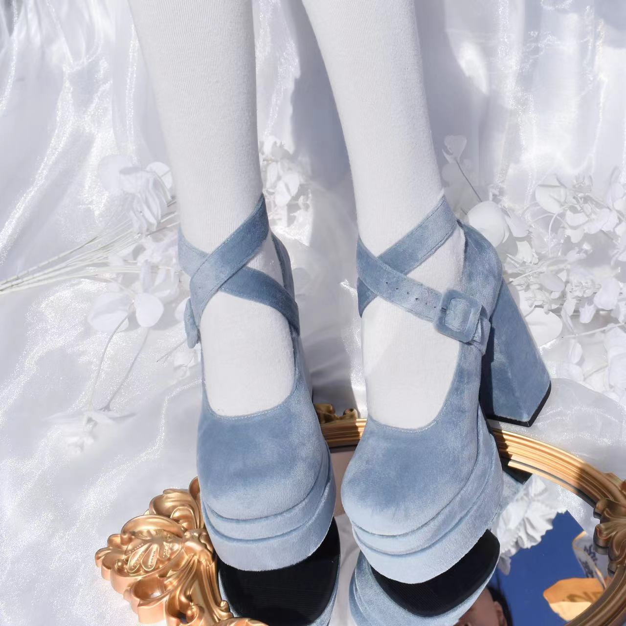 Velvet Classic Elegant Cross Strap Bad Bear Mary Jane Platform High Heels Shoes - Sugarplum Store