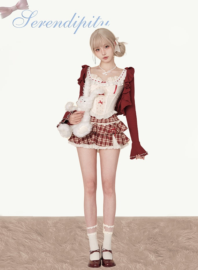 Serendipity Cherry Wine Camisole Top & Red Cardigan & Plaid Skirt Three Piece Set - Sugarplum Store