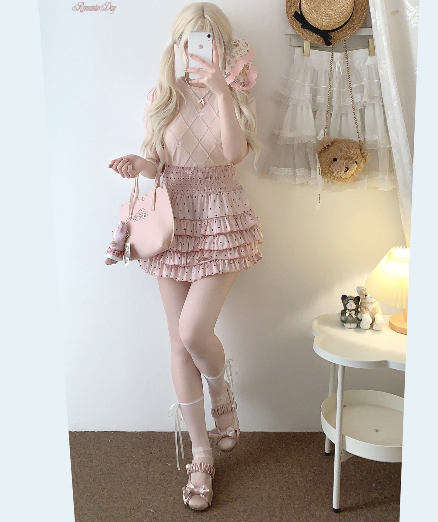 Dormir Doll Satin Doll Polka Dot Pink White Camisole & Skirt Two Piece - Sugarplum Store