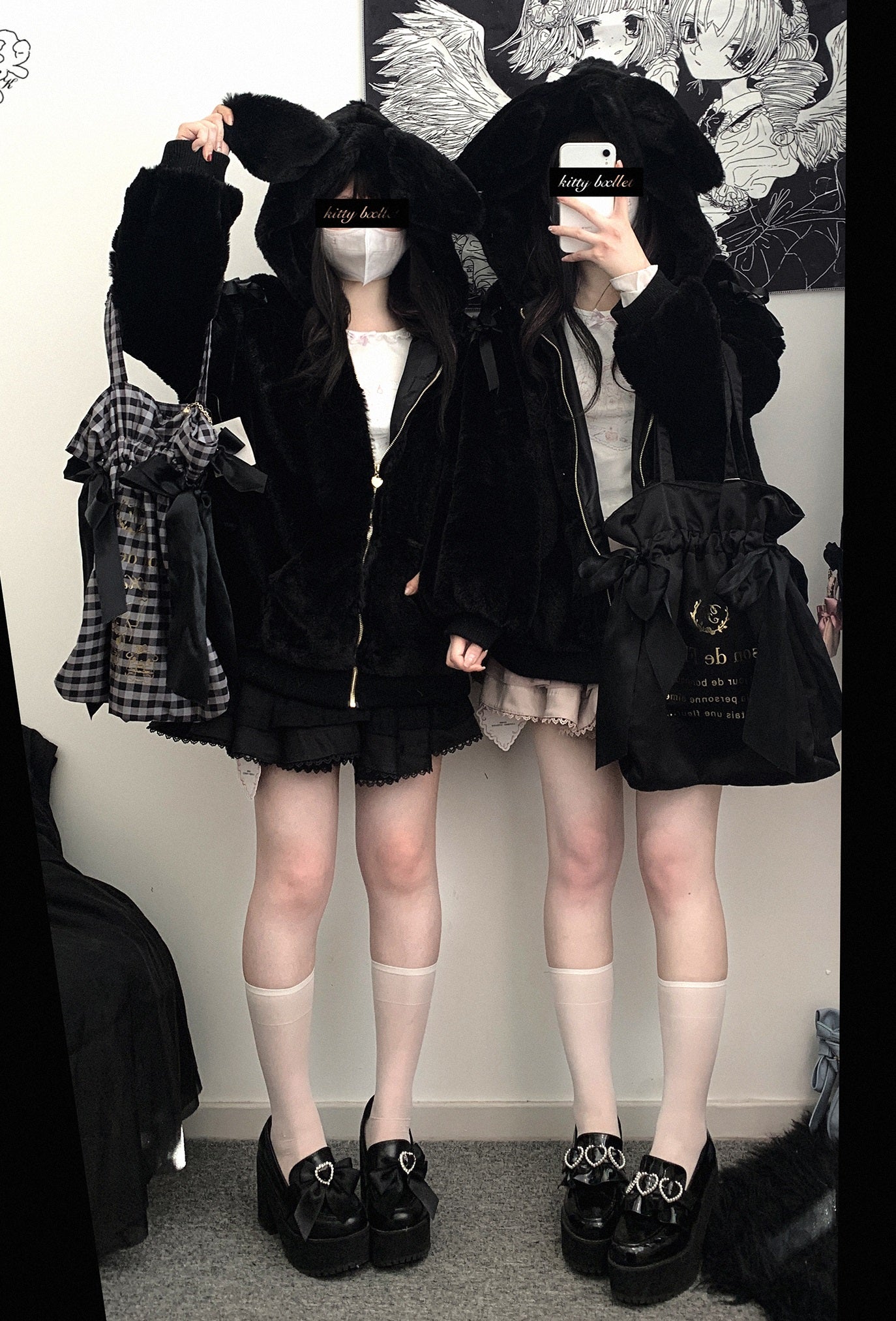 Kitten Bullet Bandage Rabbit Ears Pink White Black Hoodie Jacket - Sugarplum Store