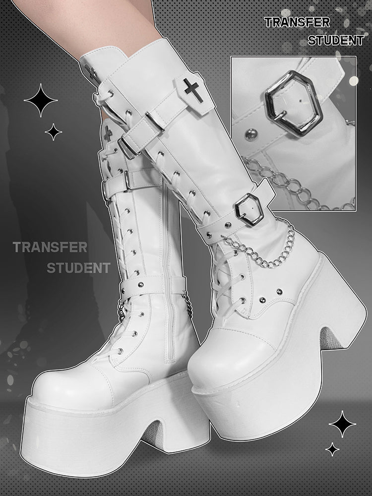 Transfer Student Vampire Shackles Cross Black White Tall Boots Shoes - Sugarplum Store