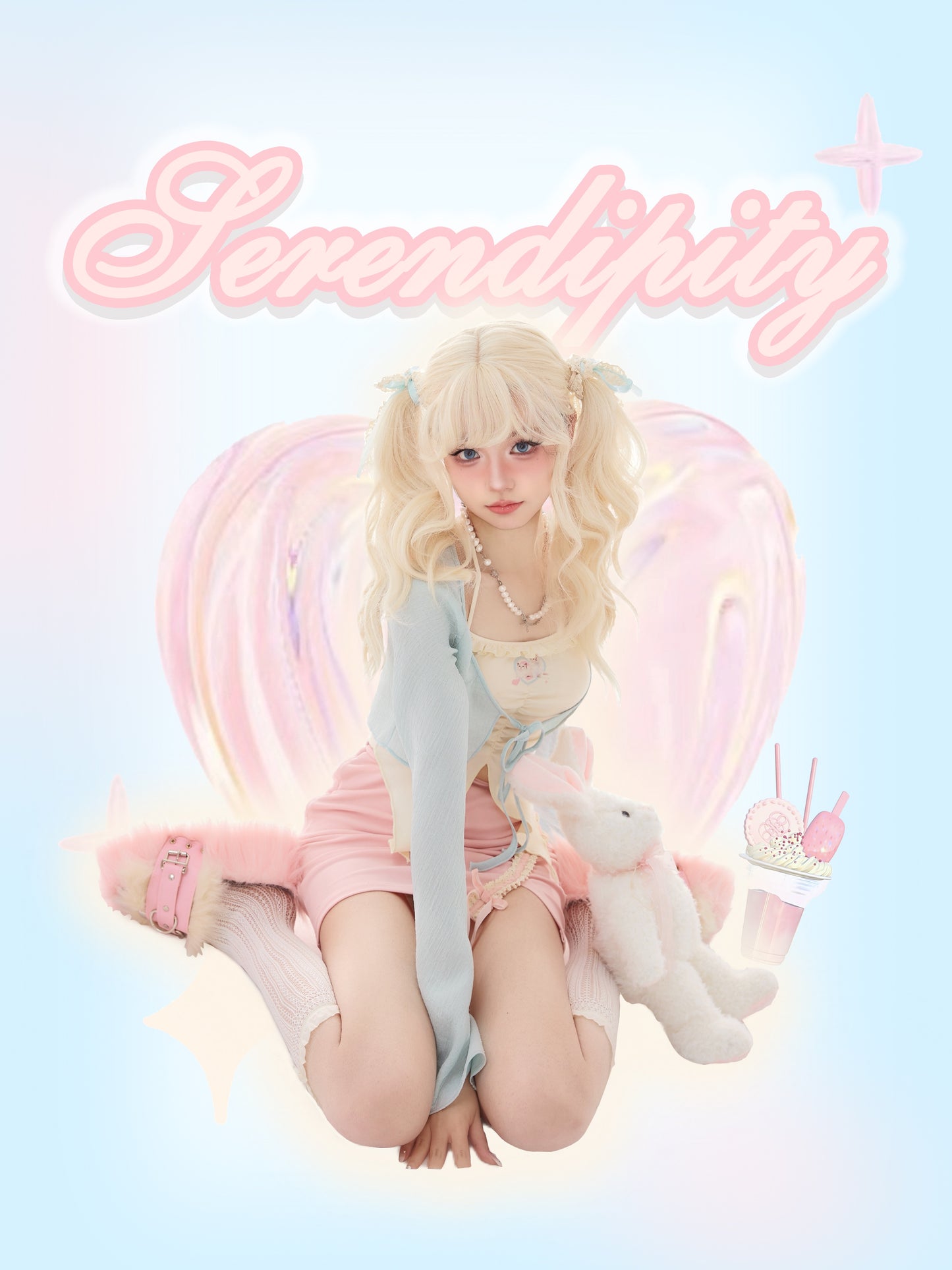 Serendipity Coquette Soft Thin Blue Cardigan & Cat Cream Halter Neck Strap Camisole & Pink Mini Skirt Three Piece Set - Sugarplum Store